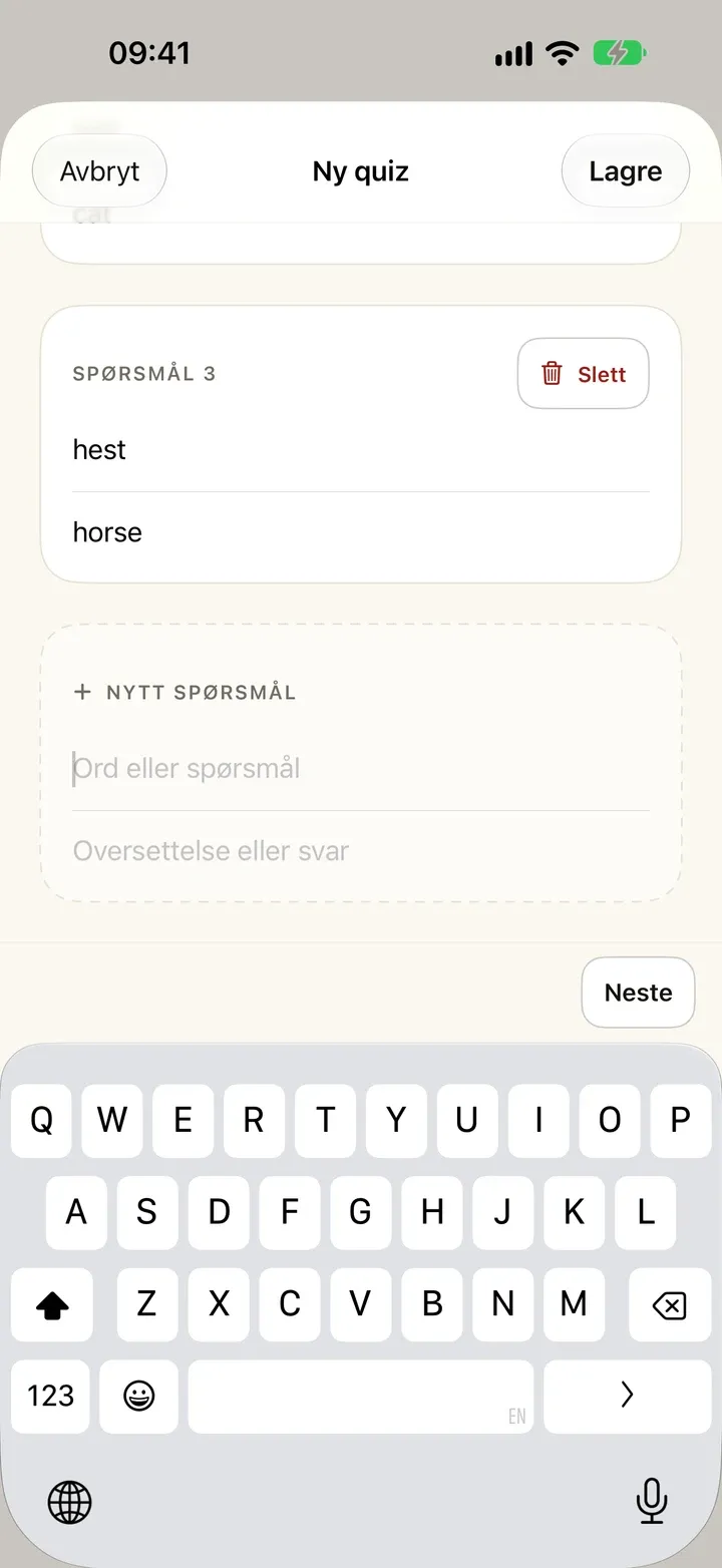 Learn It på iPhone: en ny quiz med hest og horse, og et nytt spørsmål som skal skrives inn.