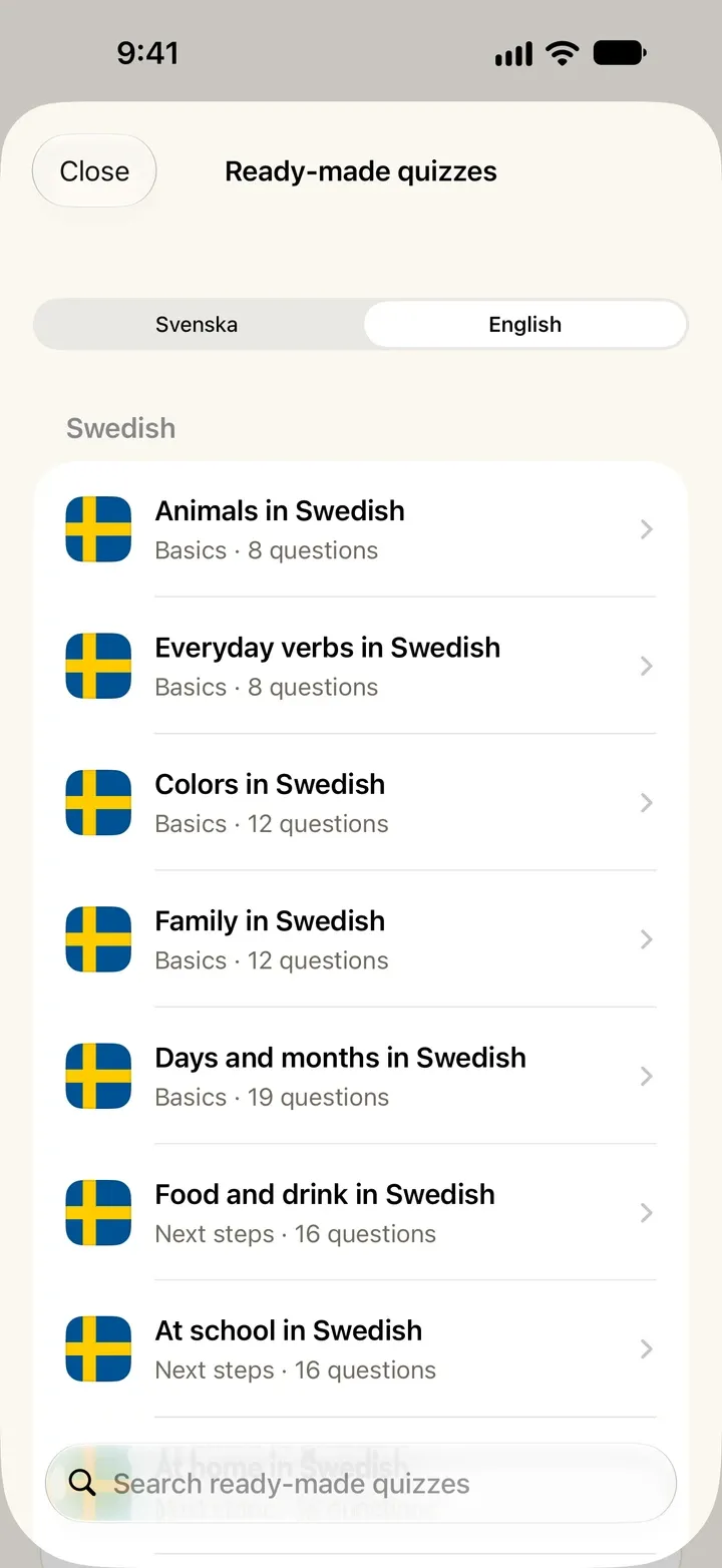 Learn It på iPhone, på engelsk: ferdige quizer, blant annet Animals in Swedish, Everyday verbs in Swedish og Colors in Swedish.