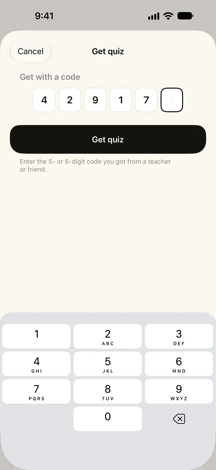 Learn It på iPhone, på engelsk: Get quiz, der du skriver inn en kode med fem eller seks sifre.