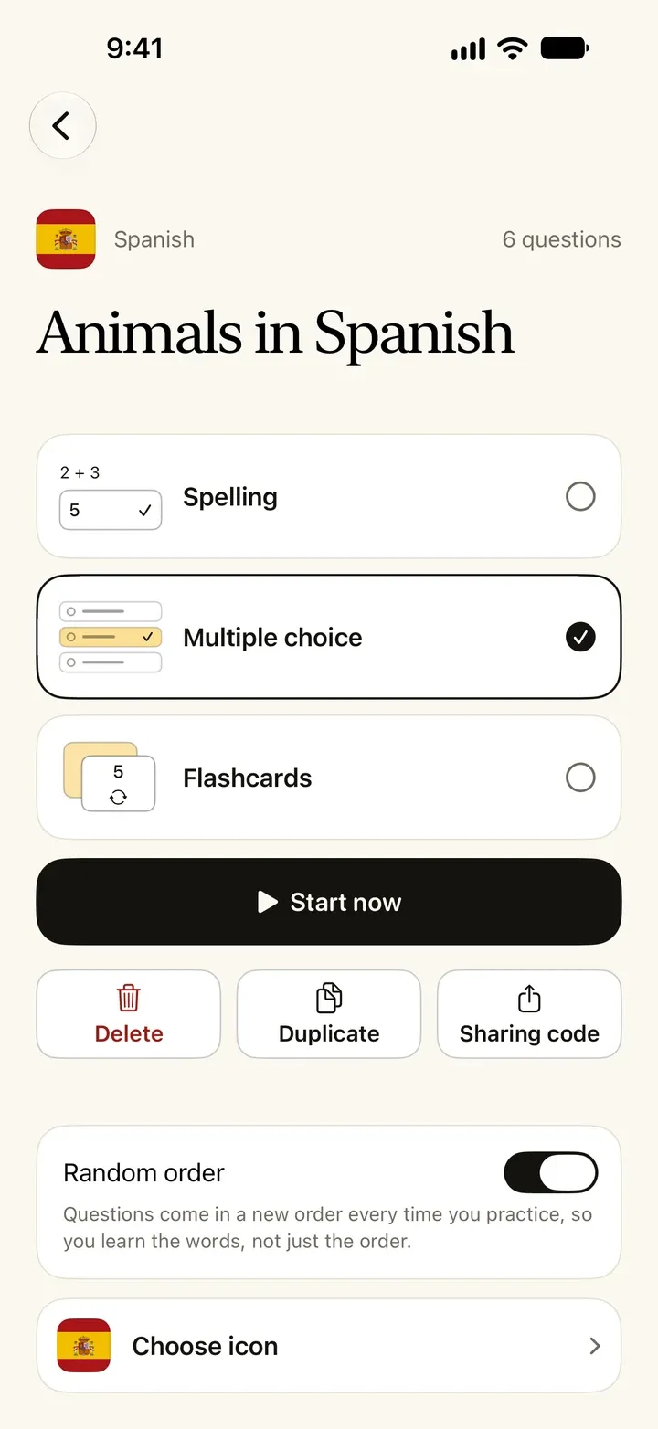 Learn It på iPhone, på engelsk: quizen Animals in Spanish, der du velger mellom Spelling, Multiple choice og Flashcards.