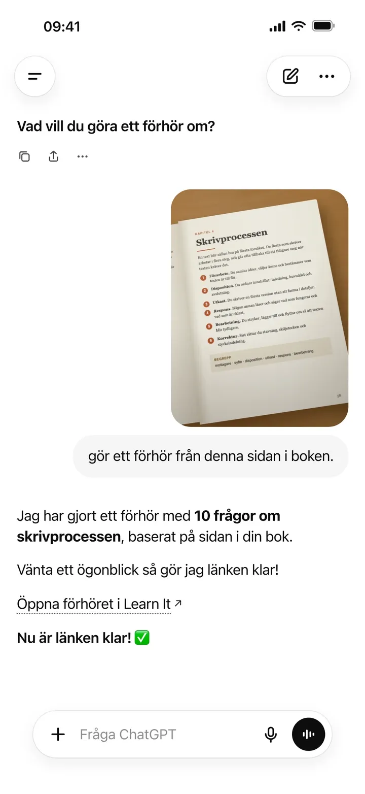 ChatGPT på en telefon: ett foto av en sida i en bok, och svaret med en länk som öppnar förhöret i Learn It