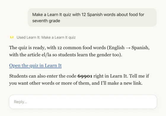 A chat with Claude: a request for a quiz of Spanish food words, and a reply with the link Open the quiz in Learn It and the code 69901.
