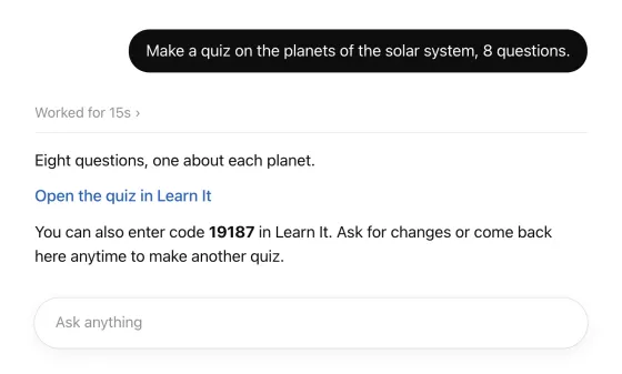 A chat with ChatGPT: a request for a quiz on the planets, and a reply with the link Open the quiz in Learn It and the code 19187.