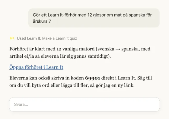 En chatt med Claude: en fråga om ett förhör med spanska matglosor, och ett svar med länken Öppna förhöret i Learn It och koden 69901.