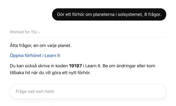 En chatt med ChatGPT: en fråga om ett förhör om planeterna, och ett svar med länken Öppna förhöret i Learn It och koden 19187.