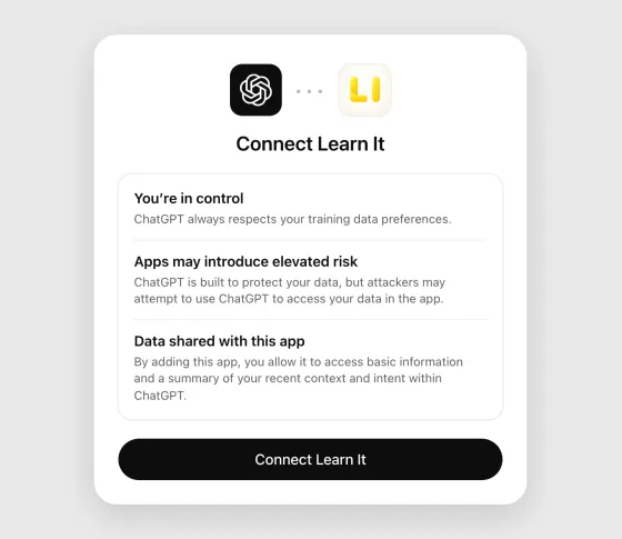 ChatGPT’s Connect Learn It dialog, with the icons of ChatGPT and Learn It, three notes and the button Connect Learn It.
